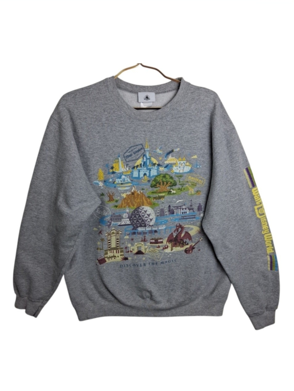 Walt Disney World Map Sweatshirt L Gray Discover Magic Crewneck Retro Parks